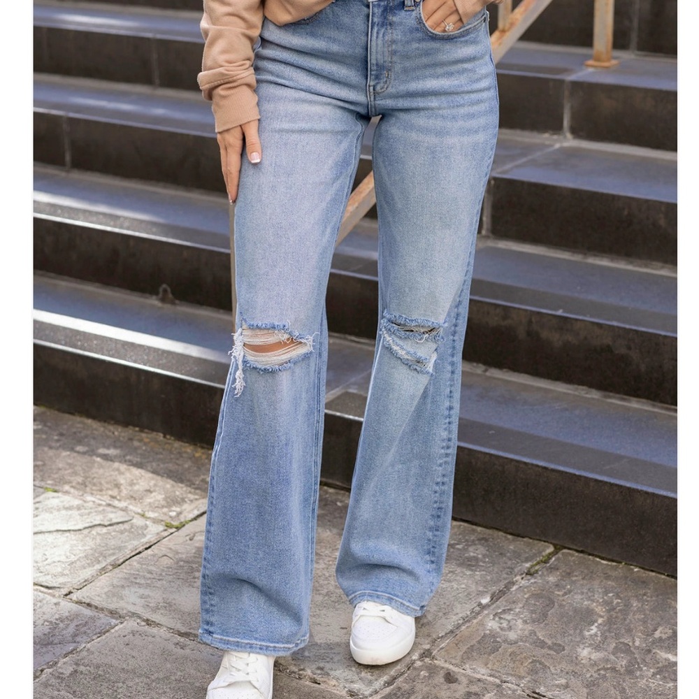 Wide Leg Premium Denim in Distressed Mid-Wash
